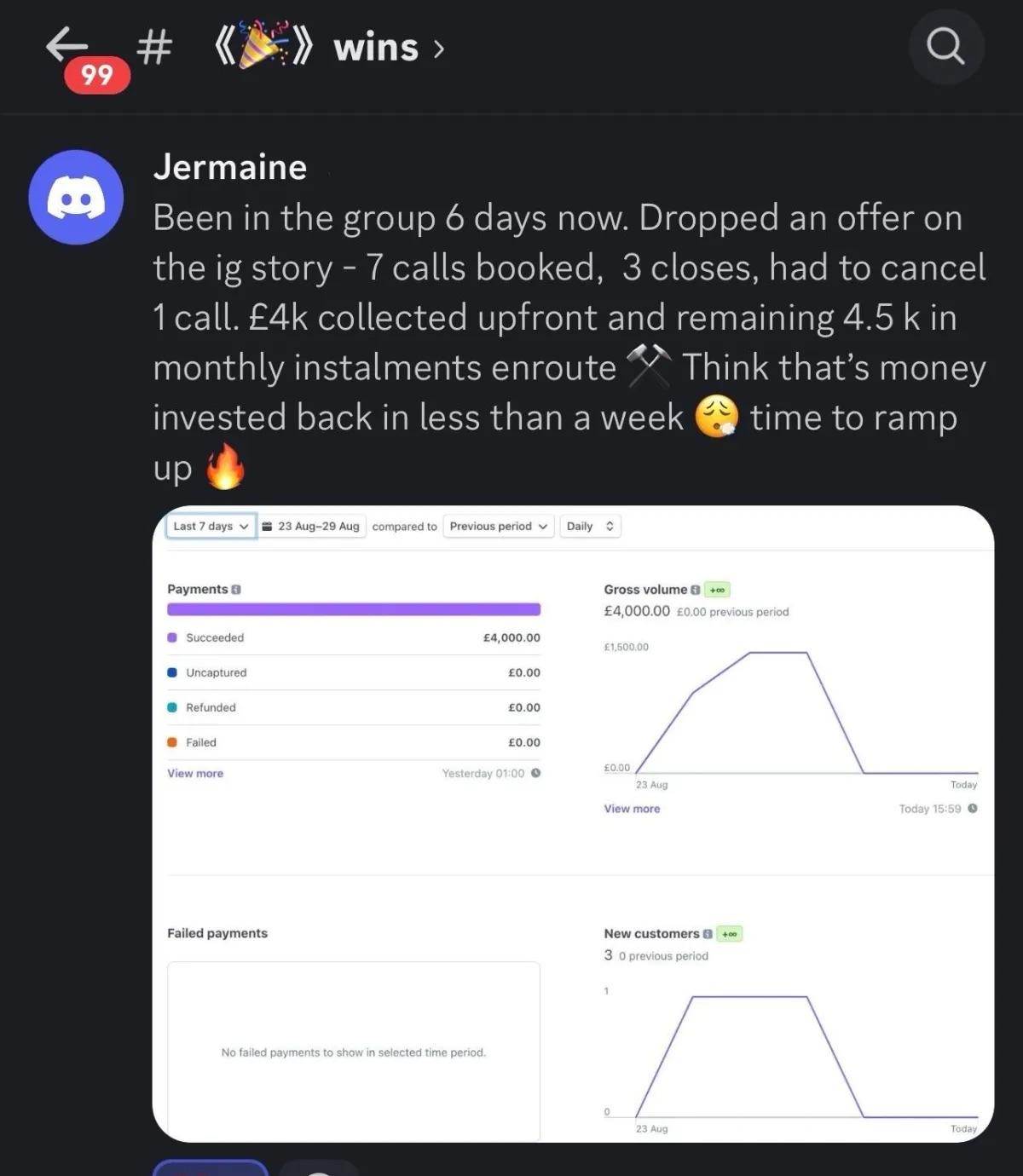 Jermaine — £4K collected upfront, £4.5K in monthly instalments enroute in 6 days